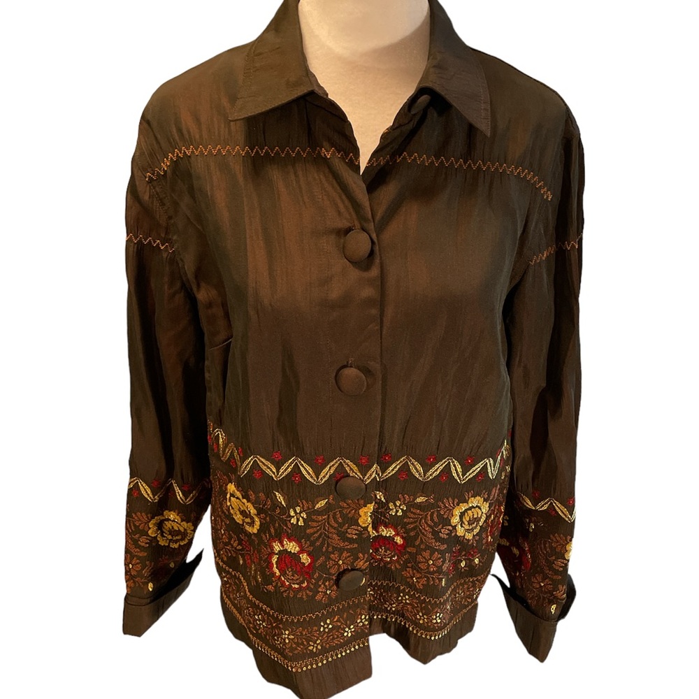 The Travel Collection Brown with Embroidered Flower Design Button Down Jacket 8